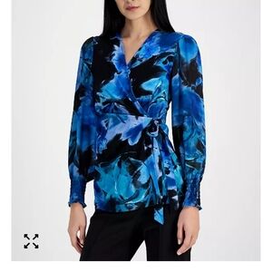 Anne Klein Elegant Blue Floral Wrap Top